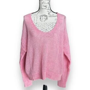 New Mango MNG Bright Pink Open Knit Oversized Wool Blend V-neck Sweater XXL NWT